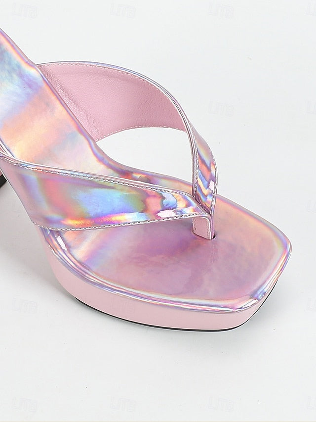 Pink Chunky Block Heels Open-Toe with Iridescent Women's