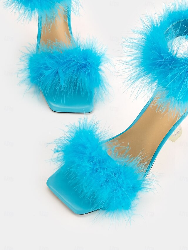 Feather-Embellished Heel with Sandals Turquoise Clear High
