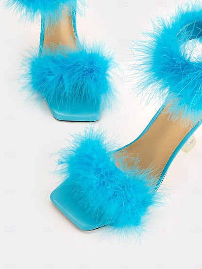 Feather-Embellished Heel with Sandals Turquoise Clear High