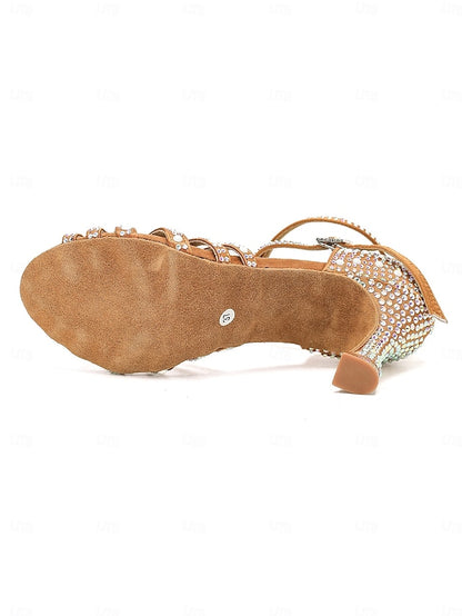 Rhinestone-Embellished Latin Tan High Sandals Dance with Heel