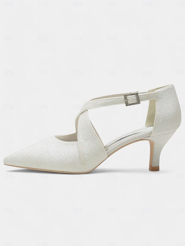 White Strap Buckle Cross Kitten Heels Rhinestone Glitter with