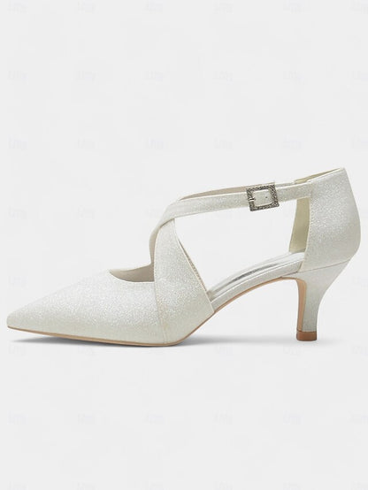 White Strap Buckle Cross Kitten Heels Rhinestone Glitter with