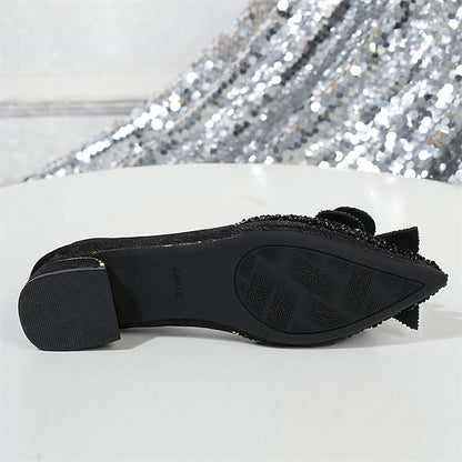 Rhinestone Elegant Women's Bow with - Glitter Detail Flats
