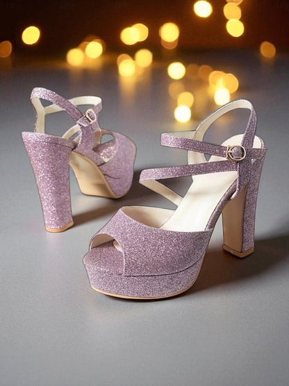 Heel Sandals Ankle Strap with Women's Glitter High Platform