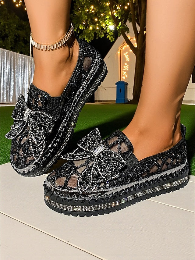 Rhinestone Slip-On Bow Black with Lace Shoes Women's