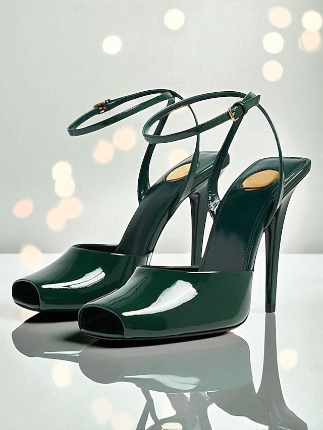 Peep High - Heels Leather Green Women's Toe Dark Patent