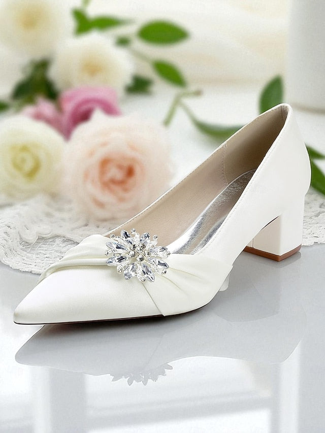 Women's Crystal Heel Pumps Block Low with White