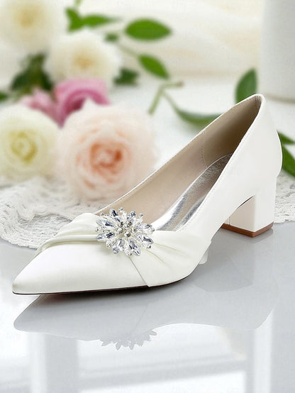 Women's Crystal Heel Pumps Block Low with White