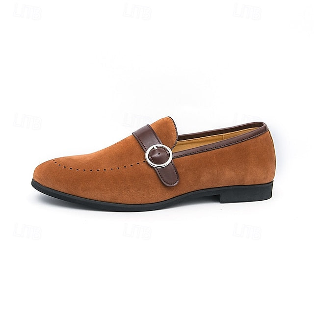 Slip-On Strap Brown Faux Loafers with Suede Buckle Men's