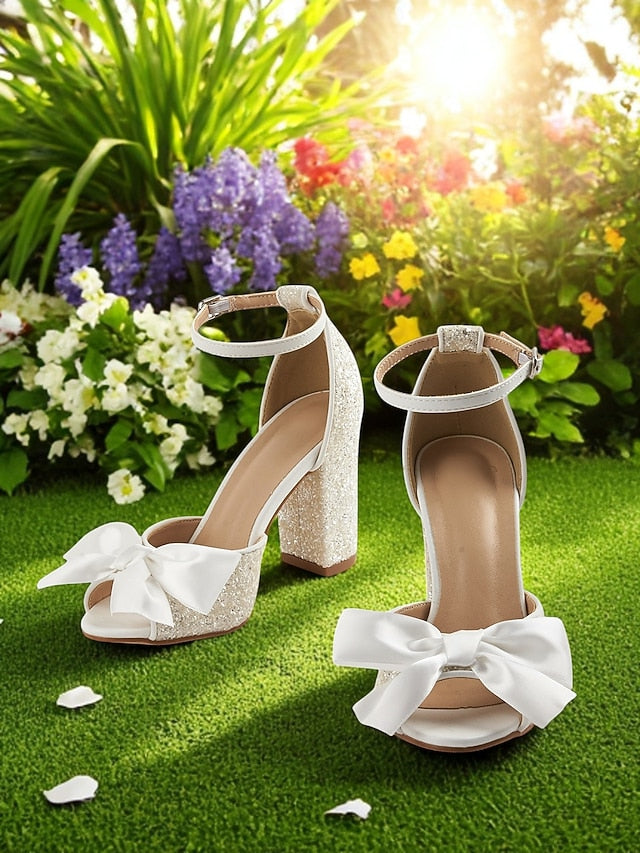 White Sandals with Block Wedding Ankle Glitter Heel Women's