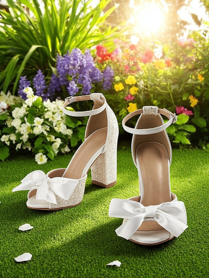 White Sandals with Block Wedding Ankle Glitter Heel Women's