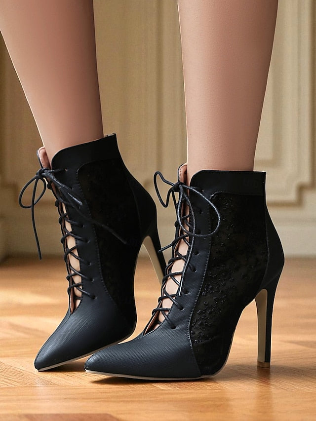 Ankle Mesh Heels Lace Booties Women's Stiletto White with