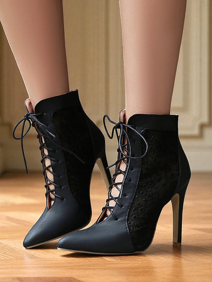 Ankle Mesh Heels Lace Booties Women's Stiletto White with