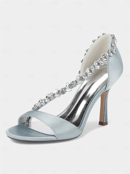 Champagne Satin – Women's with High Heels Crystal T-Strap