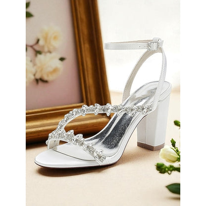 Block Rhinestone Heel - Straps with Sandals White Women's