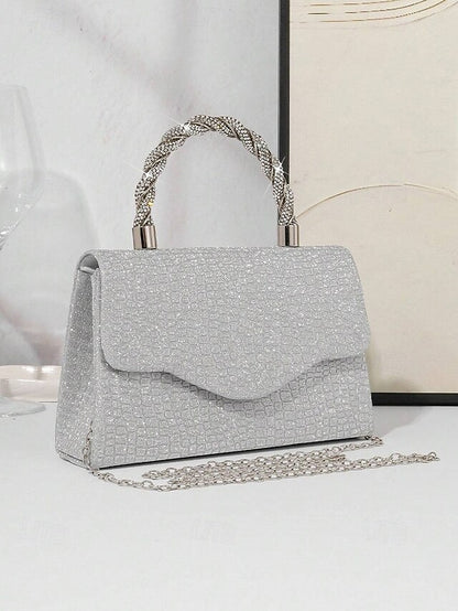 Glitter Silver Women's – Rhinestone Handbag with Handle