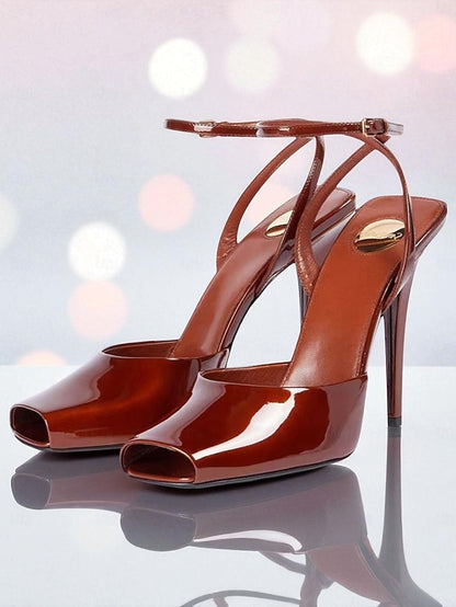 Peep High - Heels Leather Green Women's Toe Dark Patent