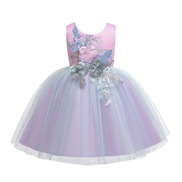 Purple Floral Blue Party Lace Girls' Dress Blushing Kids