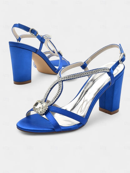 Sandals Satin Blue Royal Women's Elegant Rhinestone –