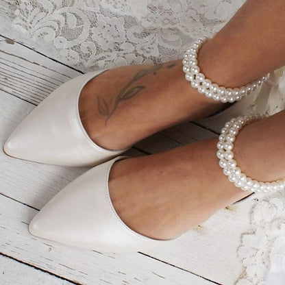 Pearl Ankle – Bridal Strap Flats Women's White Elegant
