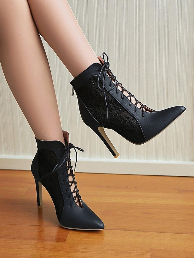 Ankle Mesh Heels Lace Booties Women's Stiletto White with