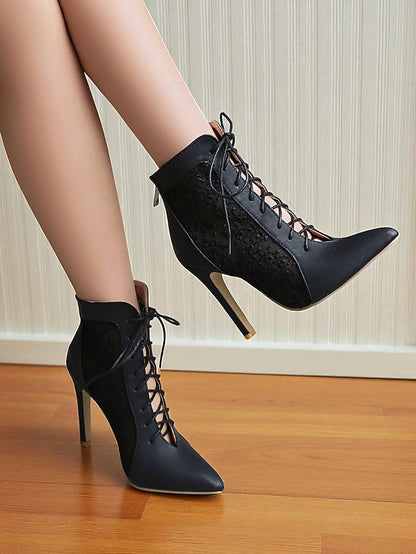 Ankle Mesh Heels Lace Booties Women's Stiletto White with