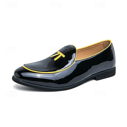Men's Trim Yellow Faux Black Loafers Patent with Leather