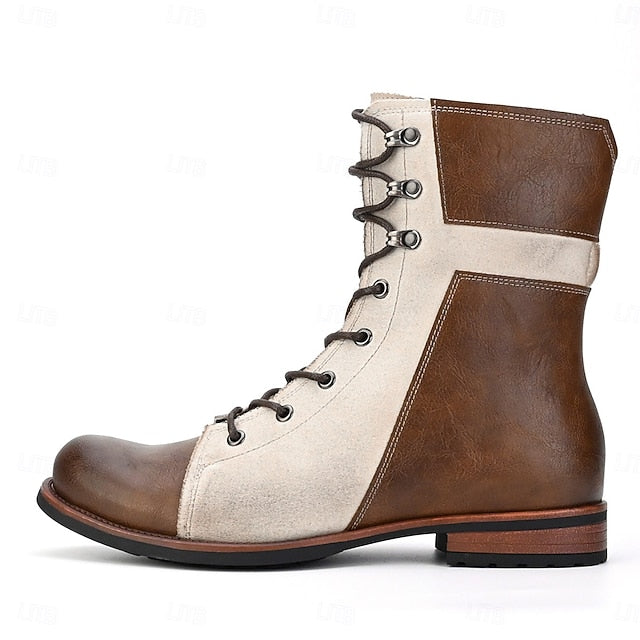 Vintage Lace-Up Leather Boots Faux Two-Tone Men's Mid-Calf