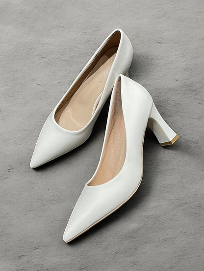 Leather Block Heel Glossy Pointed-Toe Pumps Green Patent Faux