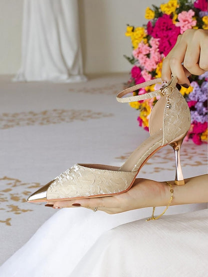 Toe Beige Women's and with Gold Pointed Heels Satin Accents