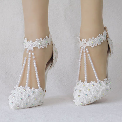 Lace Wedding Shoes Heel High Bridal Pointed Women's