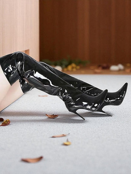 Black Over-the-Knee Women's Pointed Leather Patent Toe