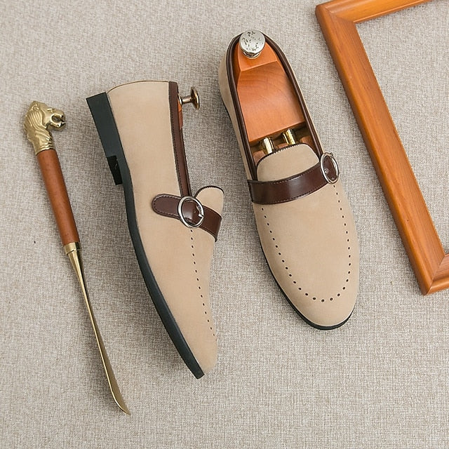 Slip-On Strap Brown Faux Loafers with Suede Buckle Men's