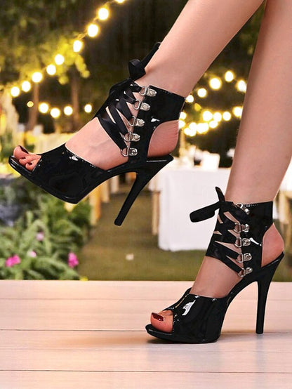 Cutout Women's Sandals Sexy - Patent Stiletto Lace-Up Black