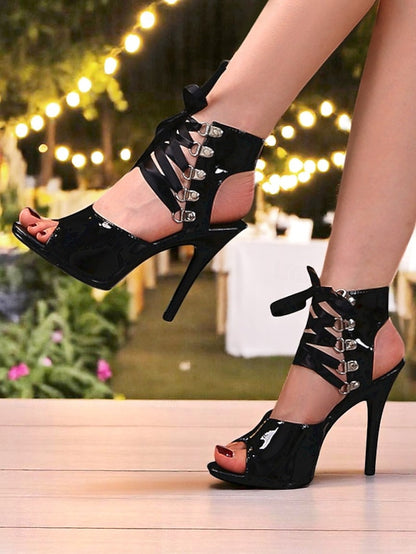 Sexy Stiletto Black - Patent Lace-Up Cutout Women's Sandals