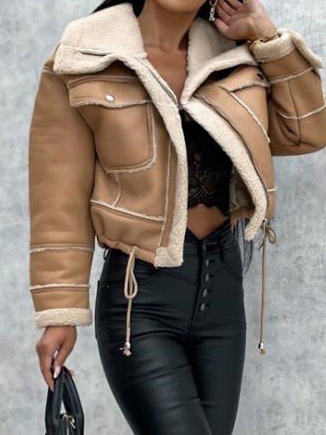 Pocket Jacket Women's Buttons Warm Faux Leather Comfortable