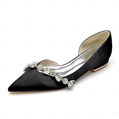 and Crystal with Satin Shoes White Toe Pointed Flat Wedding