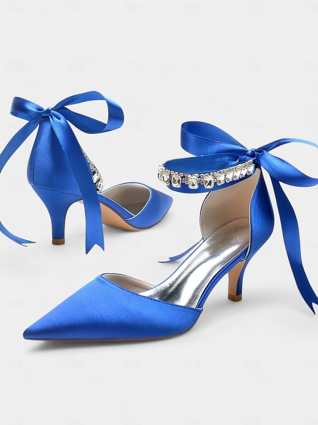with Ankle and Strap Heels Satin Pointed-Kitten Blue Rhinestone