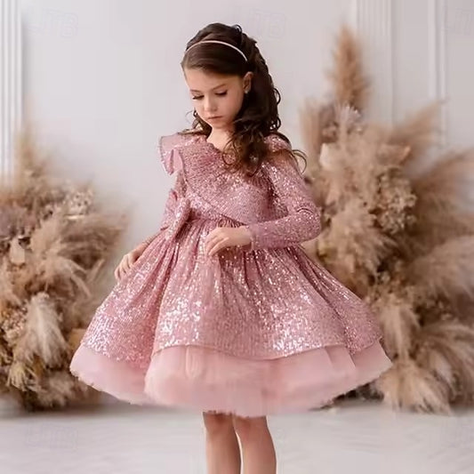 Long Sleeve Girls' Party Solid Color Performance Kids Dress
