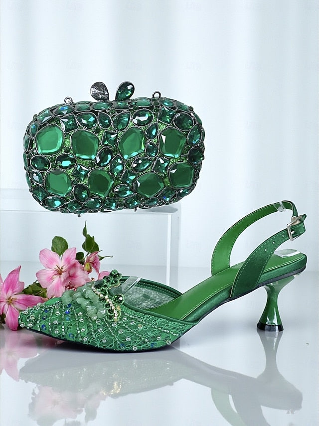 Heel Shoes and Women's Bag Clutch Rhinestone Set Green -