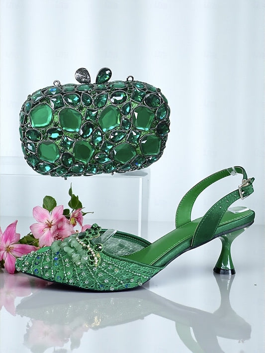 Heel Shoes and Women's Bag Clutch Rhinestone Set Green -