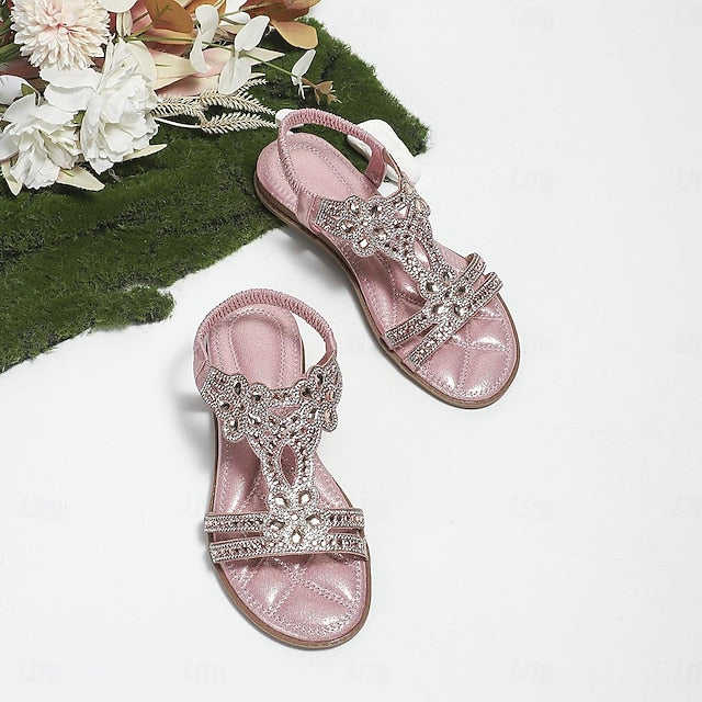 T-Strap Rhinestone Sandals Boho – Flat Women's Silver