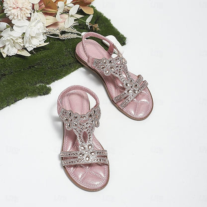 T-Strap Rhinestone Sandals Boho – Flat Women's Silver