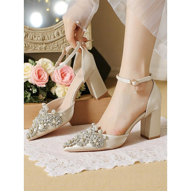 Pearl and Women's Embellished Block Heel Rhinestone Wedding