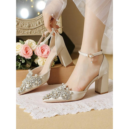 Pearl and Women's Embellished Block Heel Rhinestone Wedding