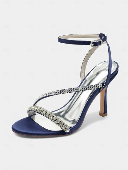 Champagne Satin Sophisticated Strappy Rhinestone Heels –