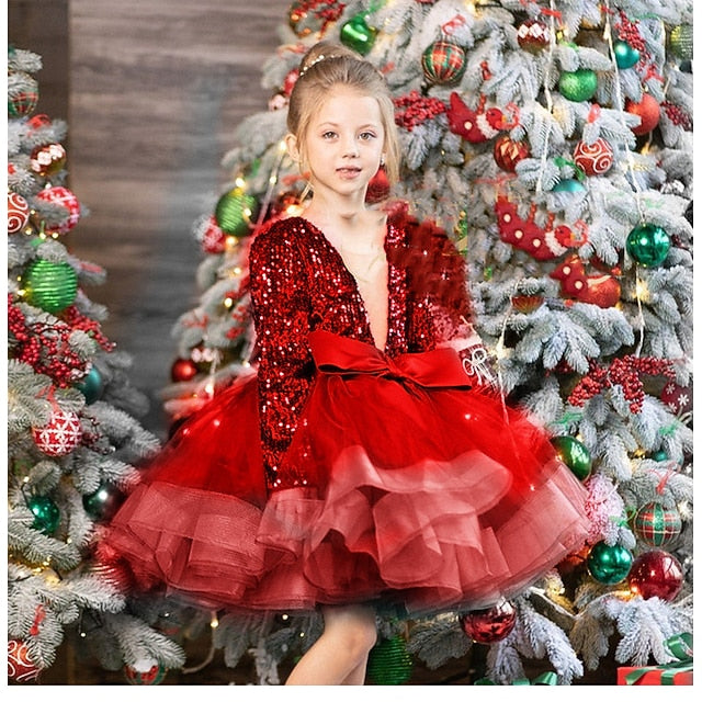 Girls' Fall Sleeve Spring Sequin Dress Summer Long 3D