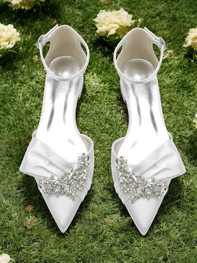 Pointed-Toe White Rhinestone Bow Heels with Ankle Satin and