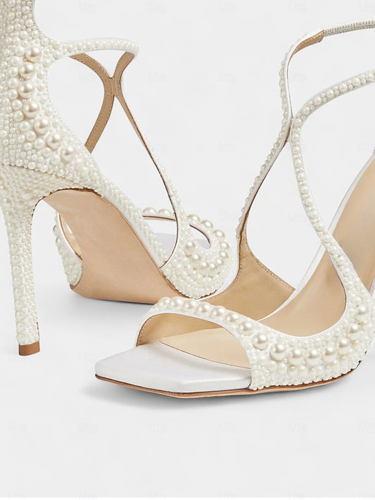 White Open-Toe Sandals Stiletto Pearl-Embellished with Ankle