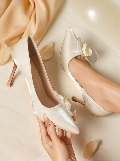 Elegant Satin Pointed Floral - Women's Wedding Ivory Heels